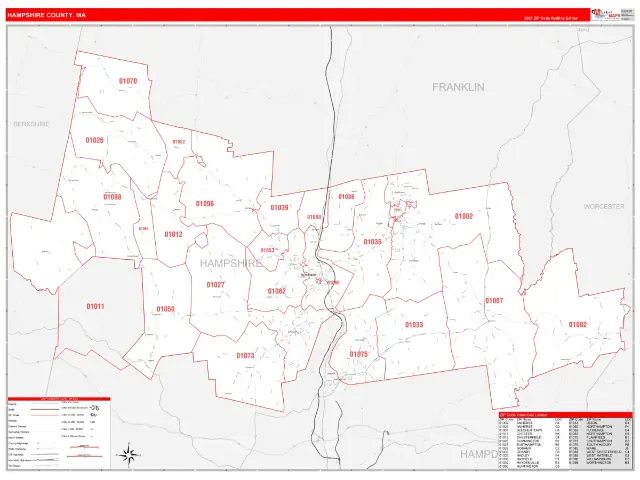 Hampshire County, MA ZIP Code Wall Map, RedLine style