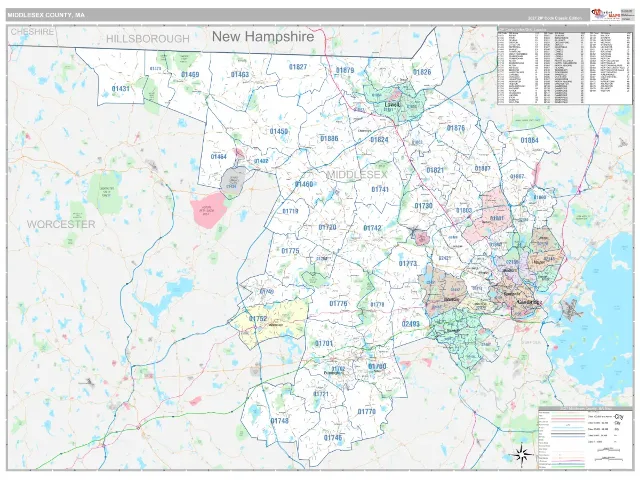 Middlesex County, MA ZIP Code Wall Map, Classic style