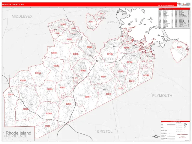 Norfolk County, MA ZIP Code Wall Map, RedLine style