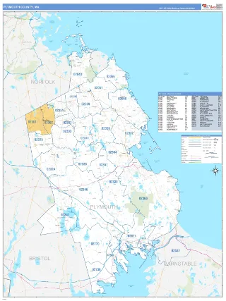 Plymouth County, MA Business Reference style ZIP Code wall map