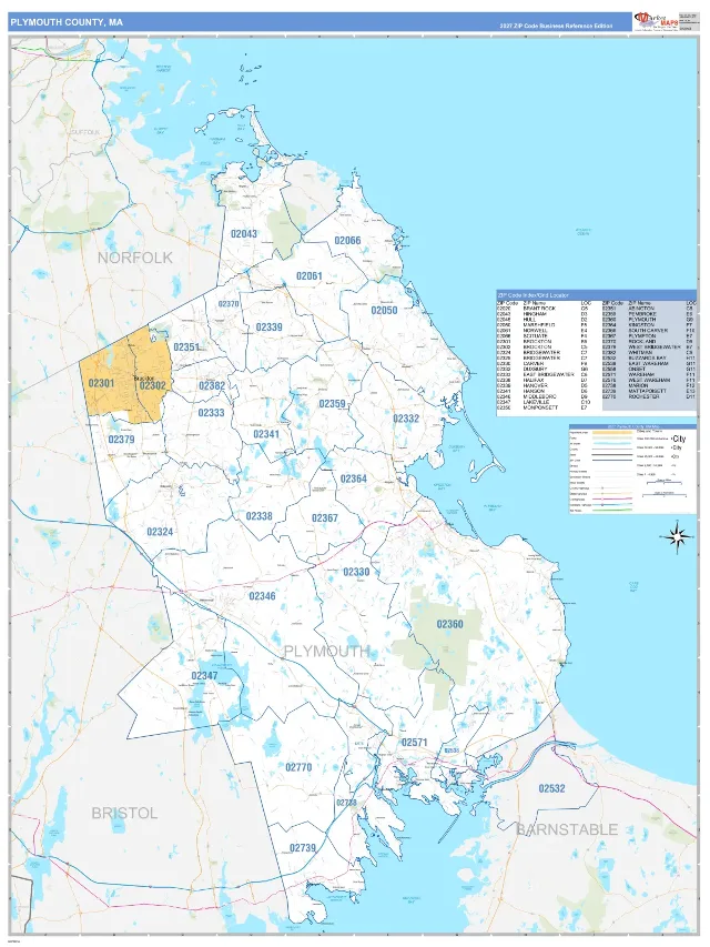 Plymouth County, MA ZIP Code Wall Map, Business Reference style