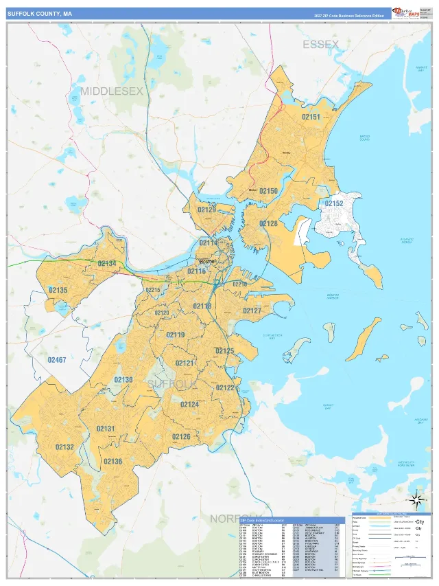 Suffolk County, MA ZIP Code Wall Map, Business Reference style