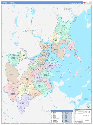 Suffolk County, MA ColorCast style ZIP Code wall map