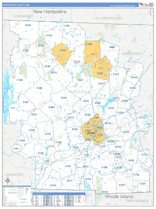 Worcester County, MA Business Reference style ZIP Code wall map