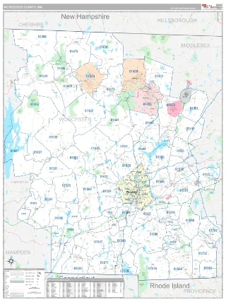 Worcester County, MA Classic style ZIP Code wall map