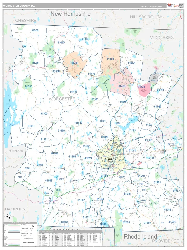 Worcester County, MA ZIP Code Wall Map, Classic style