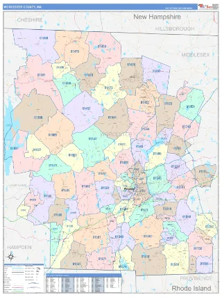 Worcester County, MA ColorCast style ZIP Code wall map