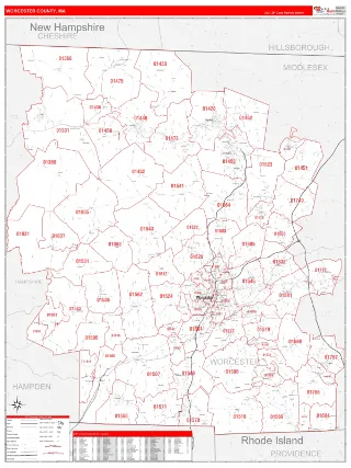 Worcester County, MA RedLine style ZIP Code wall map