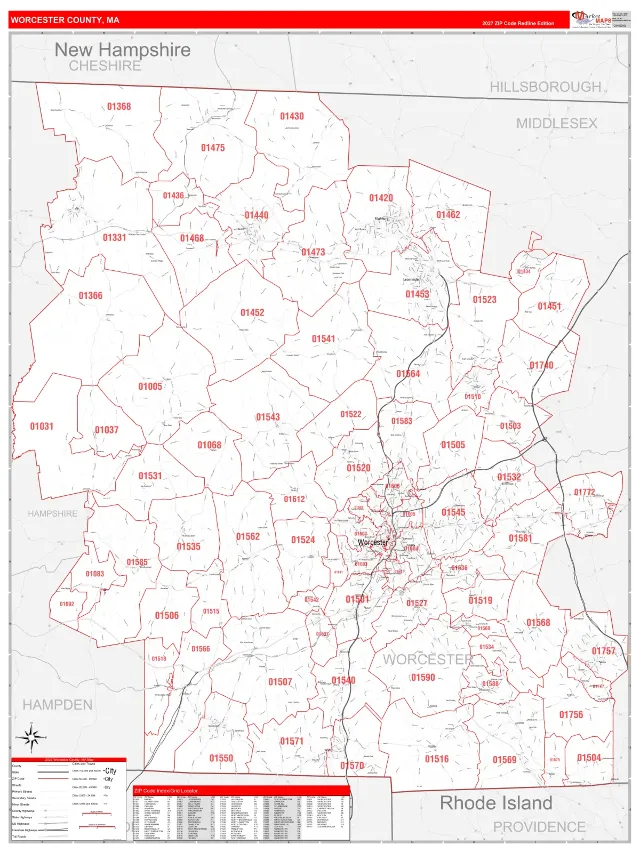 Worcester County, MA ZIP Code Wall Map, RedLine style