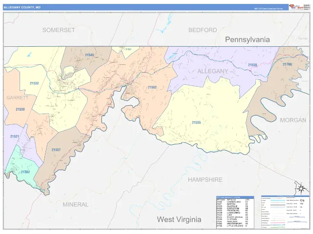 Allegany County, MD ZIP Code Wall Map, ColorCast style