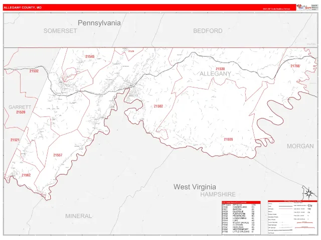 Allegany County, MD ZIP Code Wall Map, RedLine style