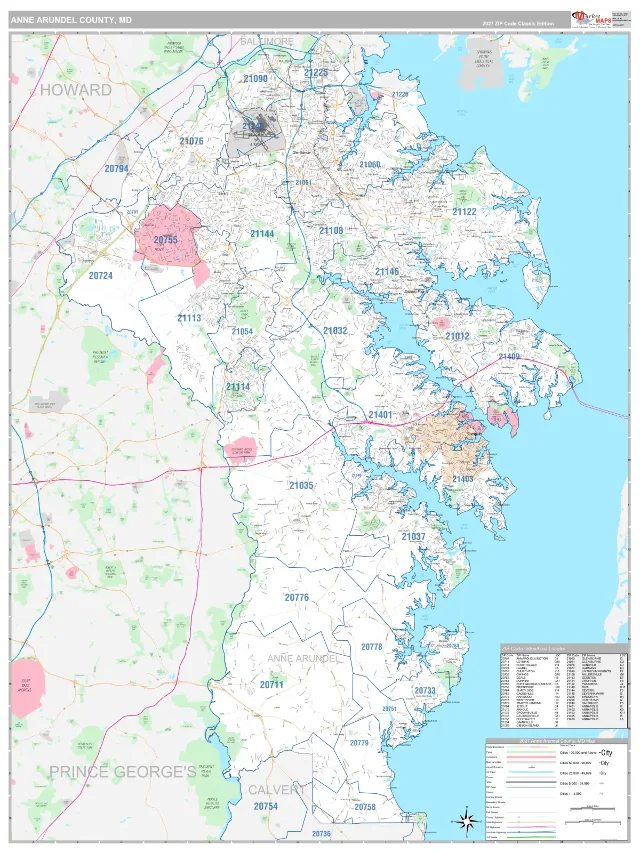 Anne Arundel County, MD ZIP Code Wall Map, Classic style