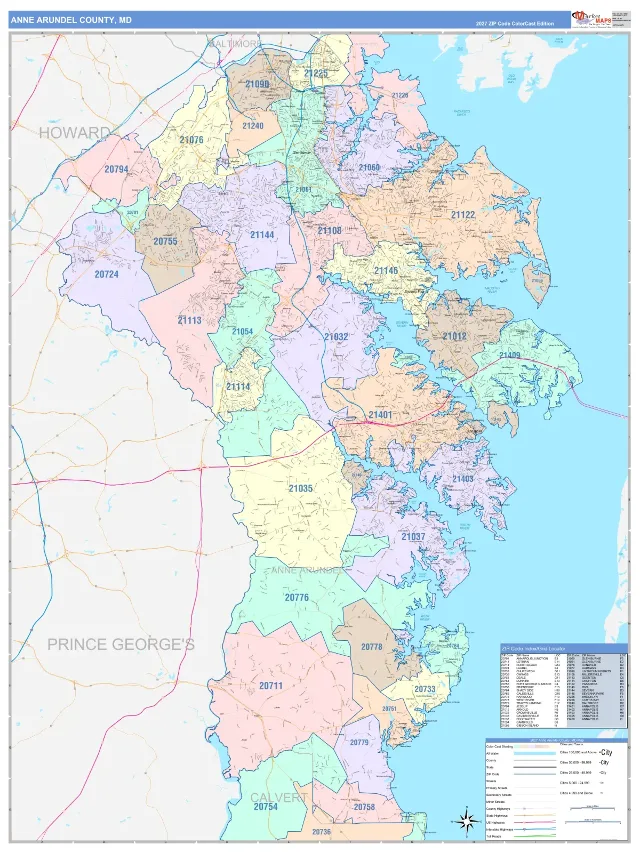 Anne Arundel County, MD ZIP Code Wall Map, ColorCast style