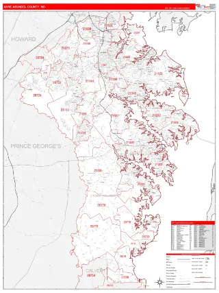 Anne Arundel County, MD RedLine style ZIP Code wall map