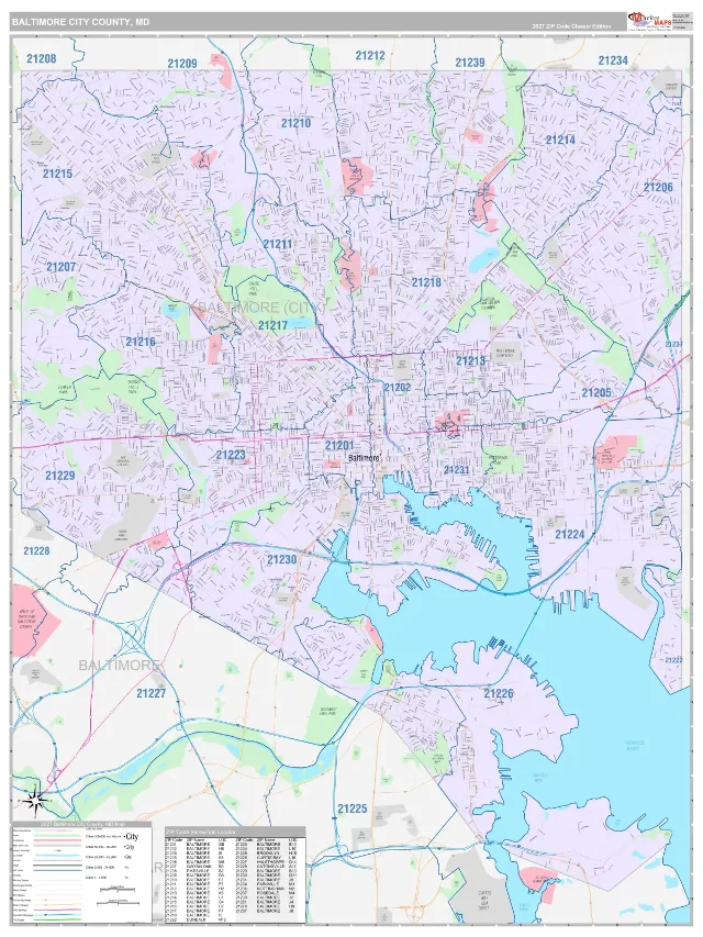 Baltimore City County, MD ZIP Code Wall Map, Classic style