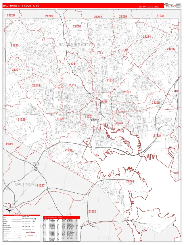 Baltimore City County, MD ZIP Code Wall Map, RedLine style
