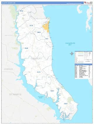 Calvert County, MD Business Reference style ZIP Code wall map