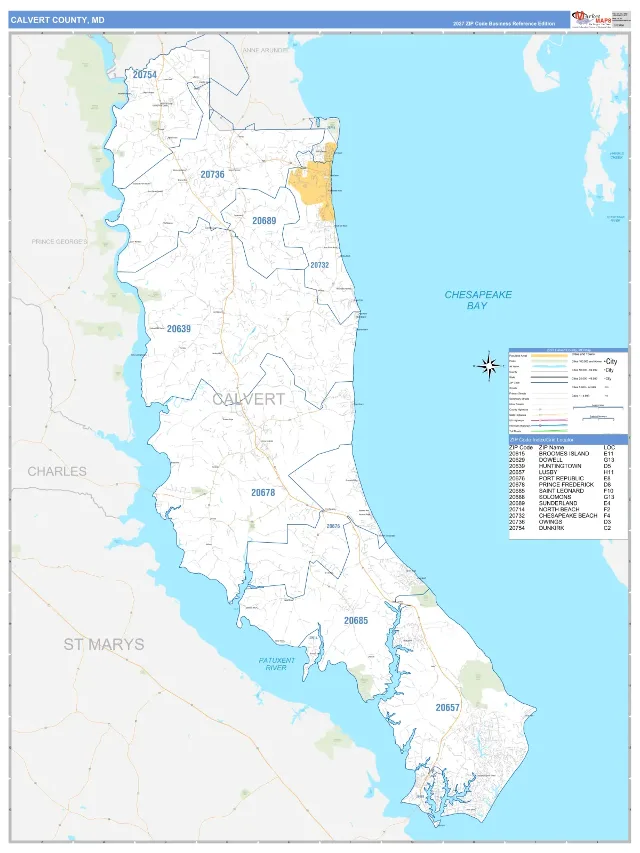Calvert County, MD ZIP Code Wall Map, Business Reference style