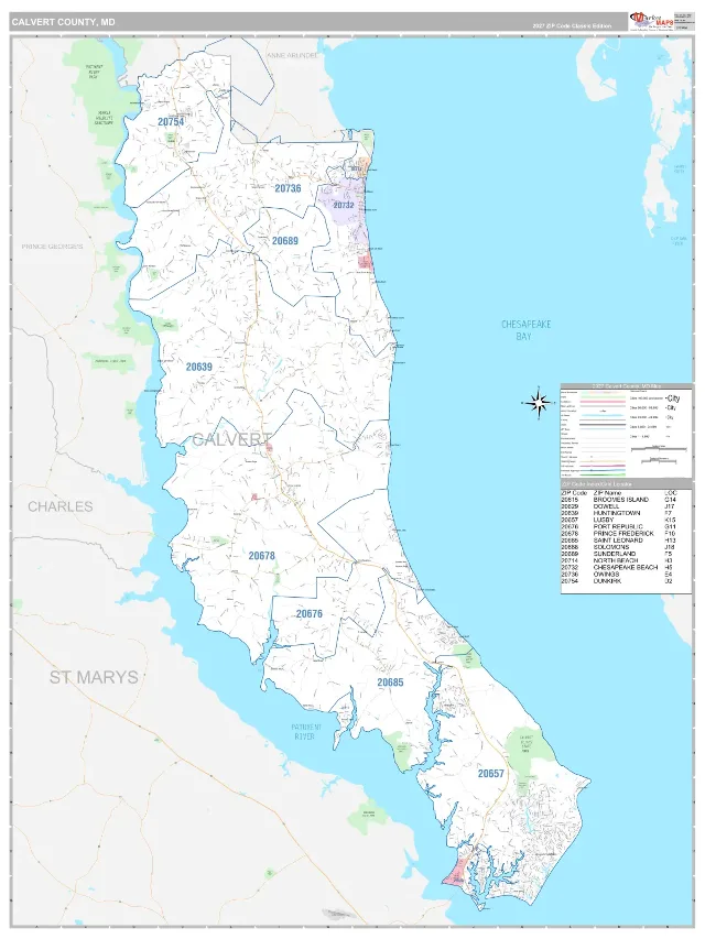 Calvert County, MD ZIP Code Wall Map, Classic style