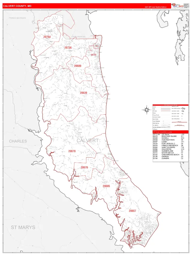Calvert County, MD ZIP Code Wall Map, RedLine style
