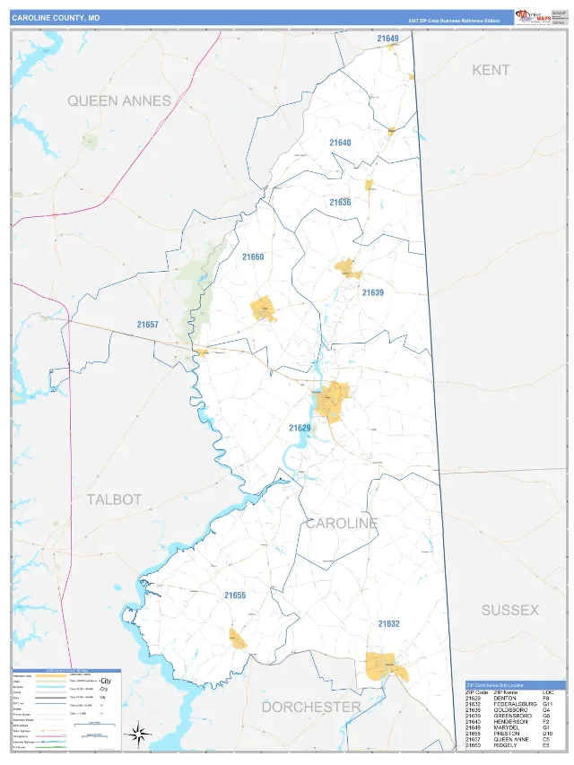 Caroline County, MD ZIP Code Wall Map, Business Reference style
