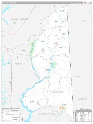 Caroline County, MD Classic style ZIP Code wall map