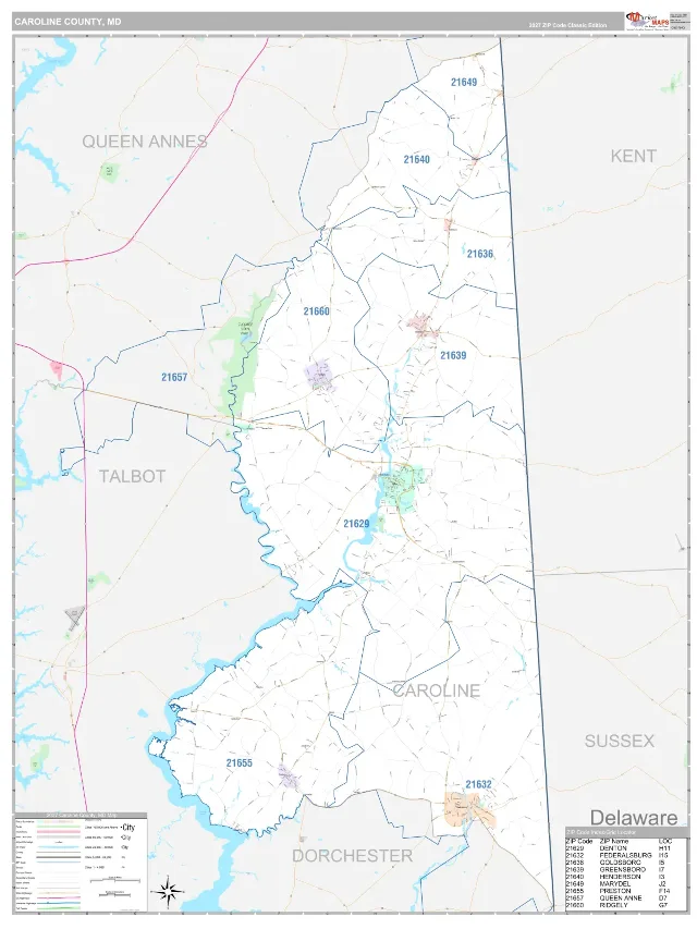 Caroline County, MD ZIP Code Wall Map, Classic style