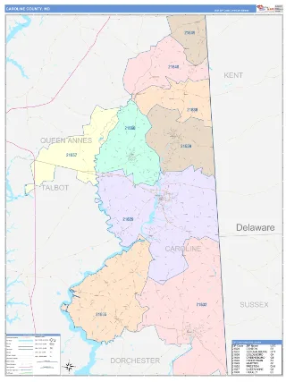Caroline County, MD ColorCast style ZIP Code wall map