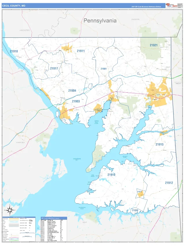 Cecil County, MD ZIP Code Wall Map, Business Reference style