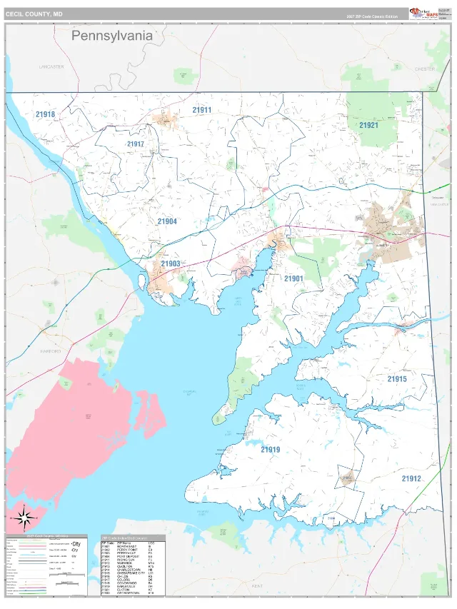 Cecil County, MD ZIP Code Wall Map, Classic style