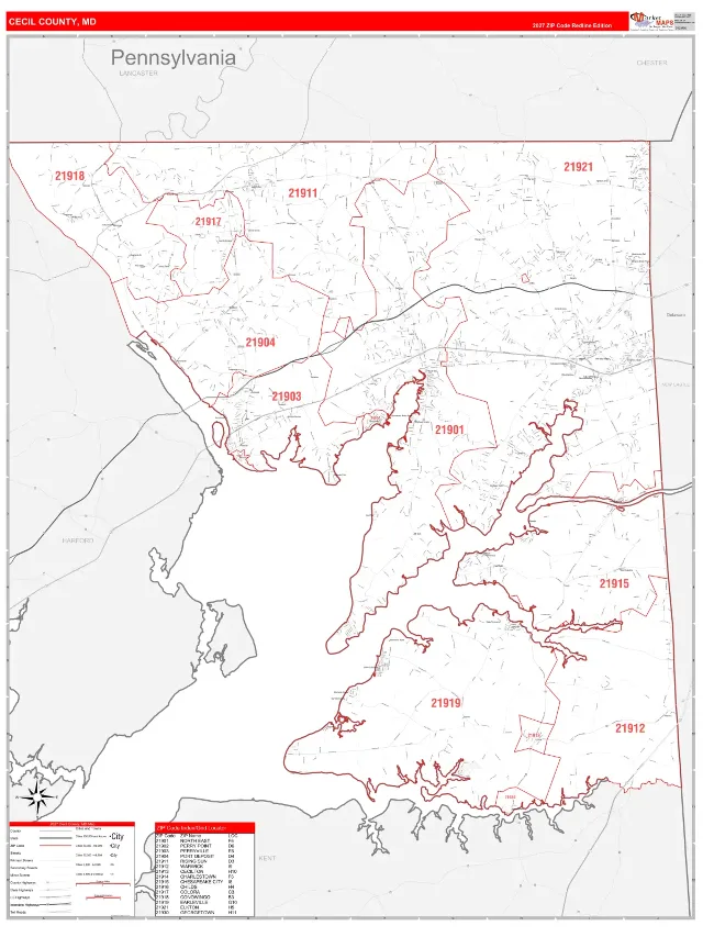 Cecil County, MD ZIP Code Wall Map, RedLine style