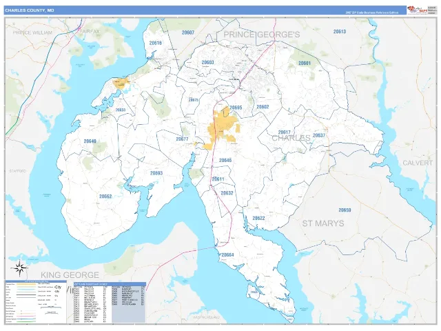 Charles County, MD ZIP Code Wall Map, Business Reference style
