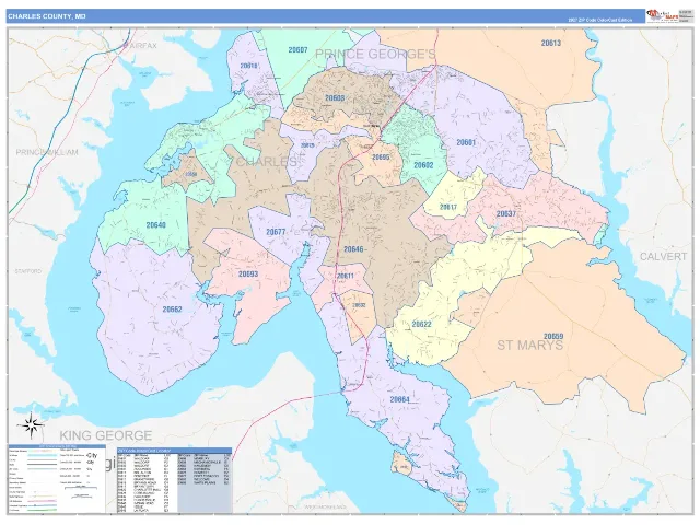 Charles County, MD ZIP Code Wall Map, ColorCast style