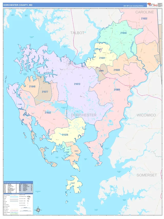 Dorchester County, MD ZIP Code Wall Map, ColorCast style