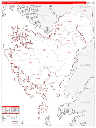 Dorchester County, MD RedLine style ZIP Code wall map