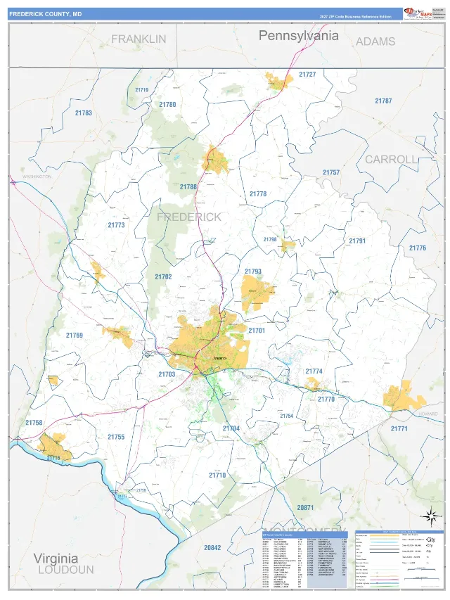 Frederick County, MD ZIP Code Wall Map, Business Reference style