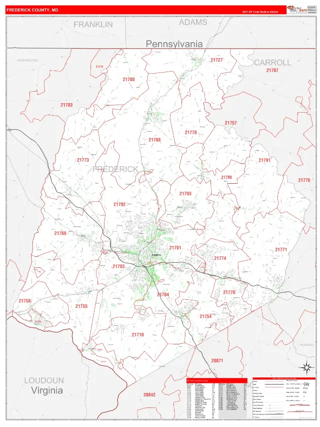 Frederick County, MD ZIP Code Wall Map, RedLine style