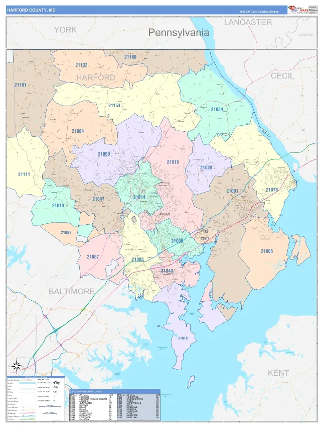 Harford County, MD ZIP Code Wall Map, ColorCast style