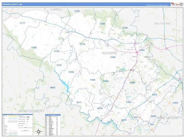 Howard County, MD ZIP Code Wall Map, Business Reference style