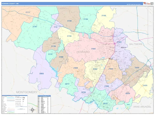 Howard County, MD ZIP Code Wall Map, ColorCast style