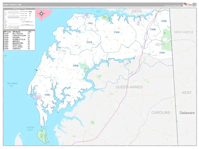 Kent County, MD ZIP Code Wall Map, Classic style
