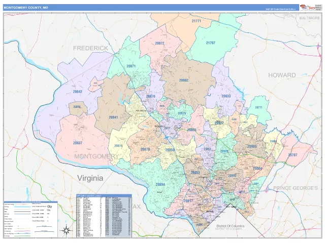 Montgomery County, MD ZIP Code Wall Map, ColorCast style