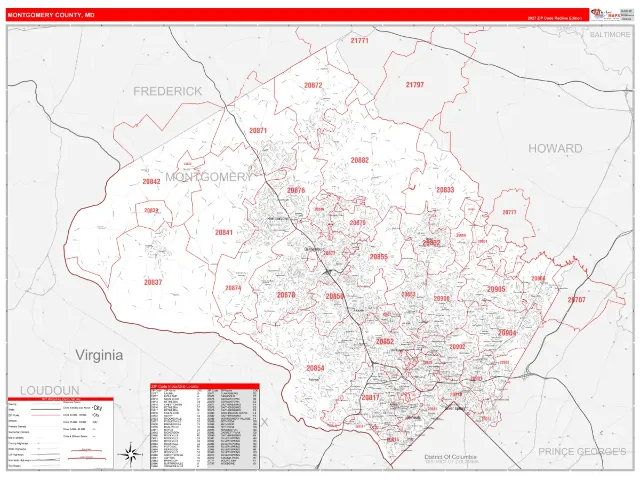 Montgomery County, MD ZIP Code Wall Map, RedLine style