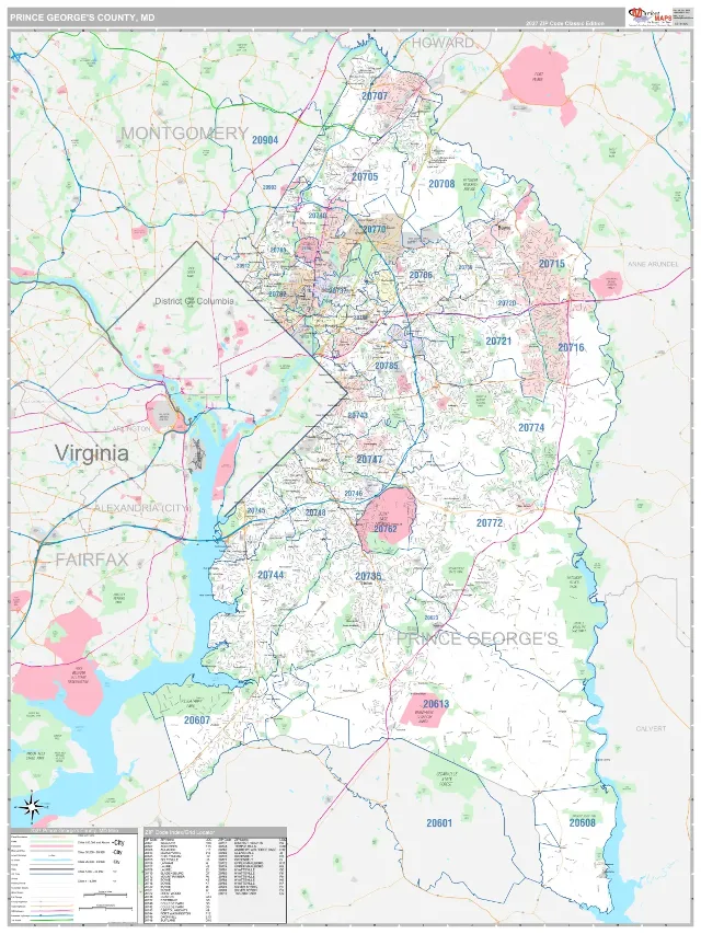 Prince George's County, MD ZIP Code Wall Map, Classic style