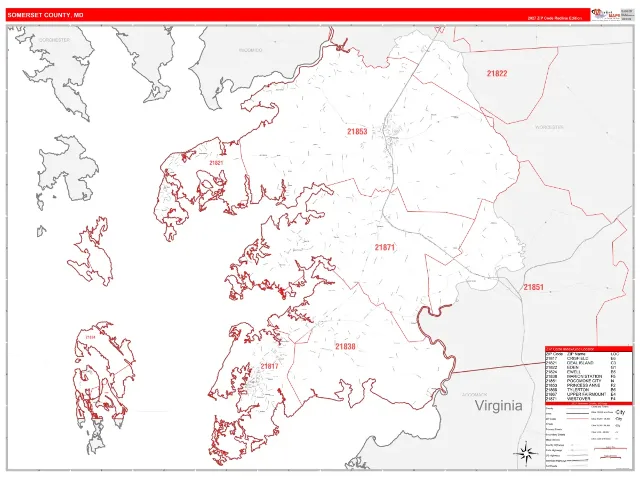 Somerset County, MD ZIP Code Wall Map, RedLine style