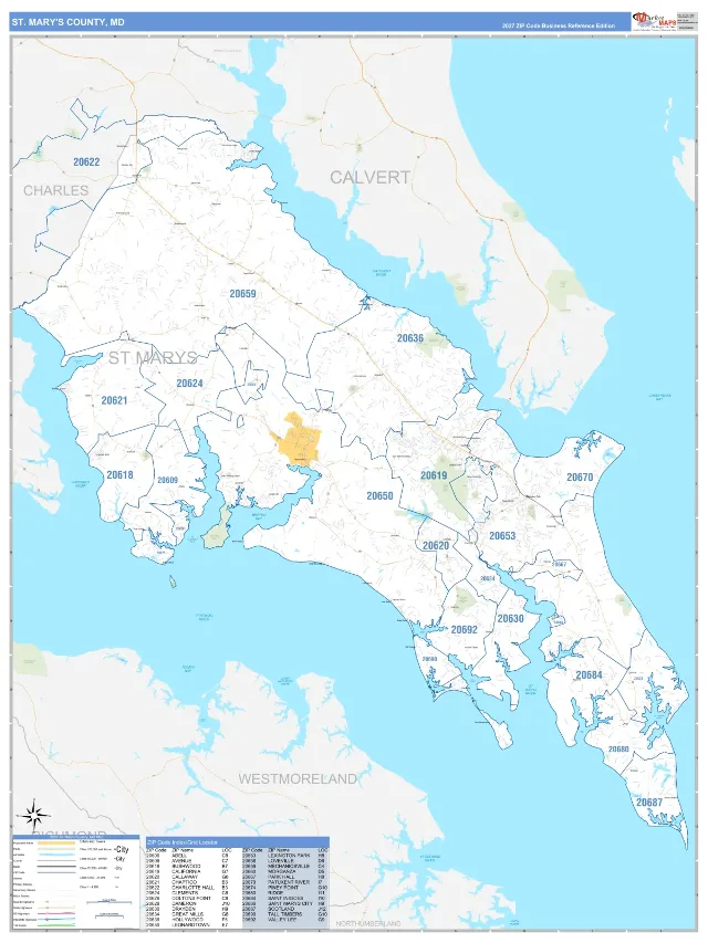 St. Mary's County, MD ZIP Code Wall Map, Business Reference style