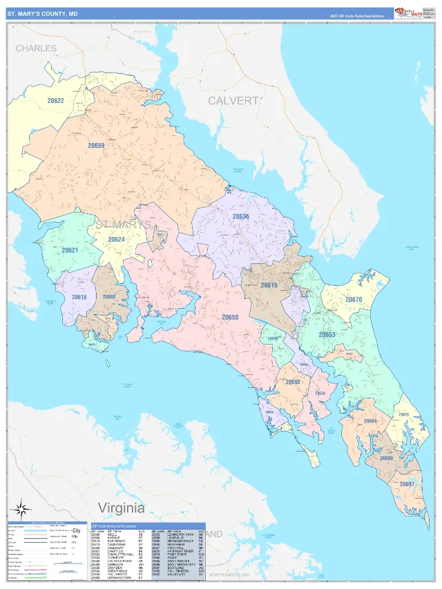 St. Mary's County, MD ZIP Code Wall Map, ColorCast style
