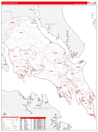 St. Mary's County, MD RedLine style ZIP Code wall map
