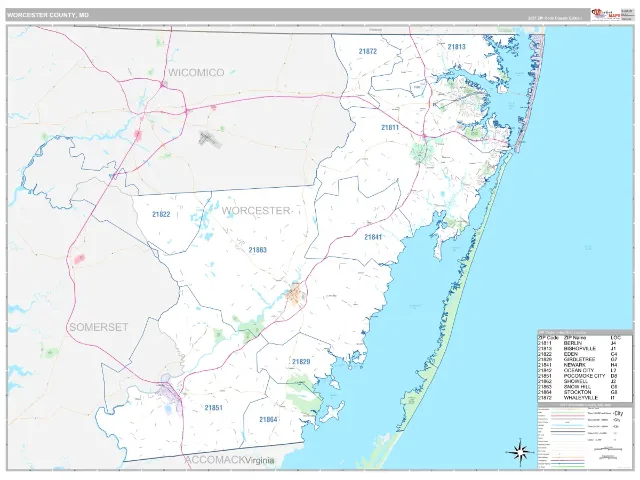 Worcester County, MD ZIP Code Wall Map, Classic style