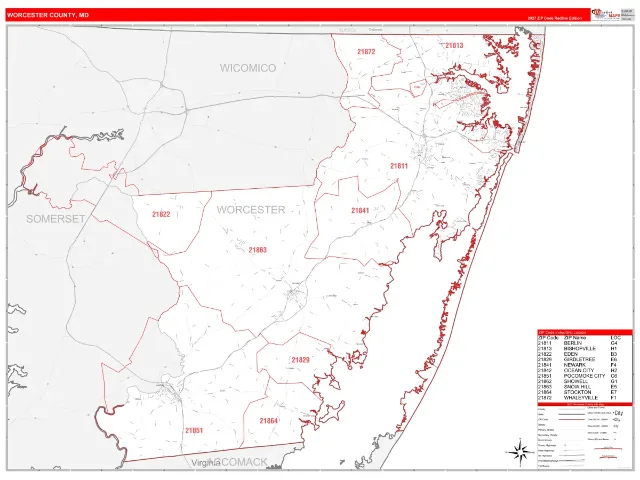 Worcester County, MD ZIP Code Wall Map, RedLine style